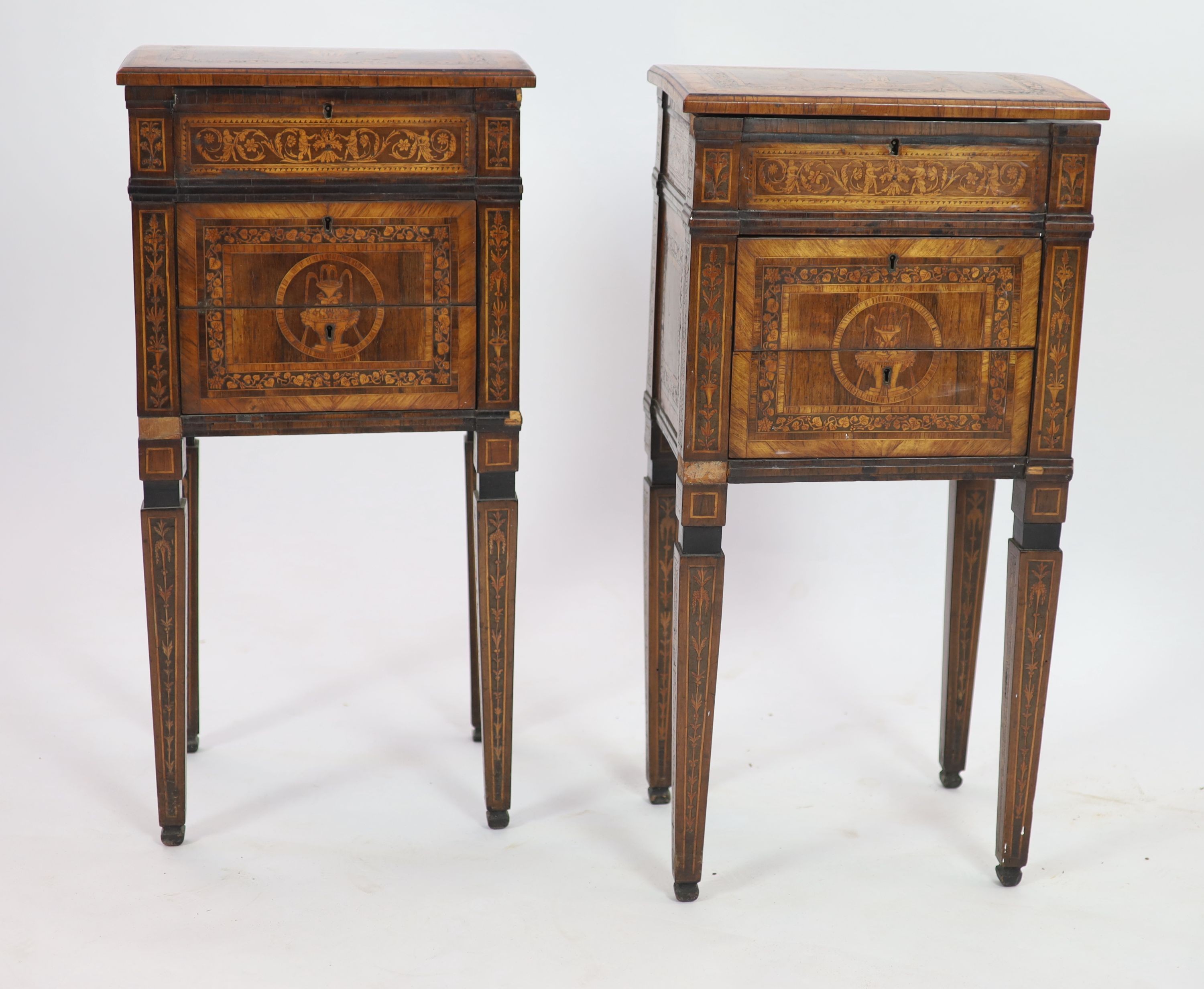 A pair of 18th century Italian Milanese walnut and marquetry neo-classical 'Comodini' in the manner of Giuseppe Maggiolini, W 41cm D 31cm H 81cm